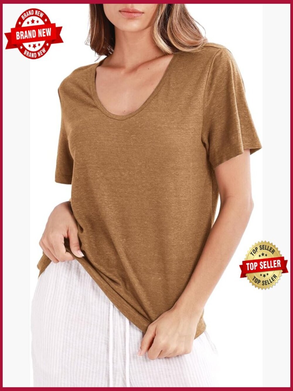 100% Linen Knitted T-Shirt Short Sleeve Crewneck Summer Casual Top